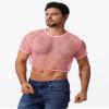 FYMNSI Men's Fishnet Top Mesh Tee Shirt Short Sleeve Round Neck Crop Top Party Club Rave Outfits for Men Muscle Workout Tank Tops See Through Undershirt Gym Training Sports Half Shirt Tops Pink L view 4