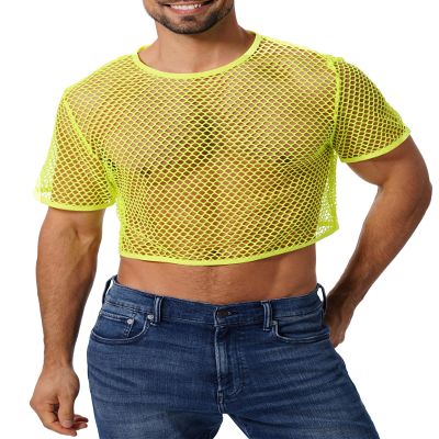 FYMNSI Men's Fishnet Top Mesh Tee Shirt Short Sleeve Round Neck Crop Top Party Club Rave Outfits for Men Muscle Workout Tank Tops See Through Undershirt Gym Training Sports Shirt Tops Fluorescent L