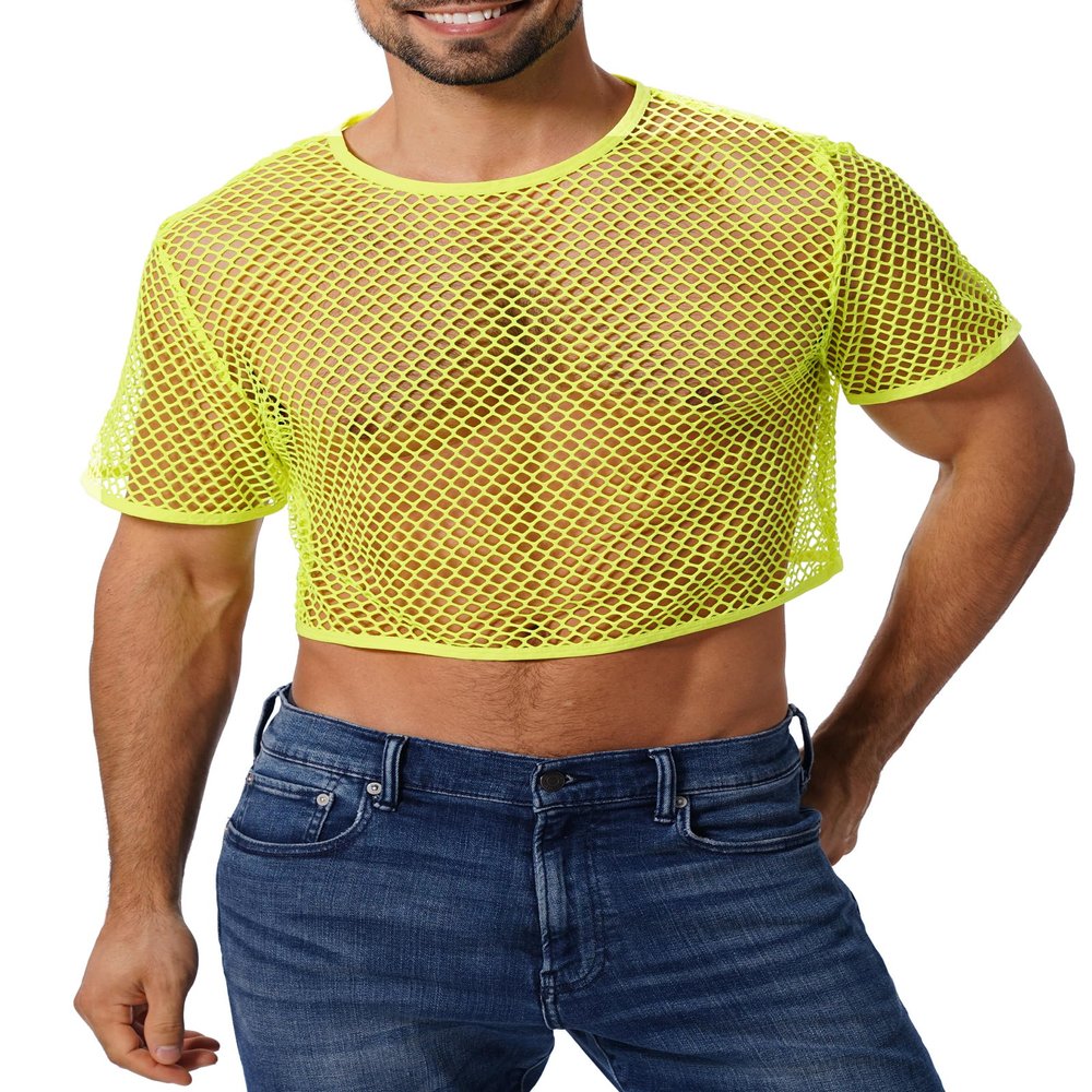 FYMNSI Men's Fishnet Top Mesh Tee Shirt Short Sleeve Round Neck Crop Top Party Club Rave Outfits for Men Muscle Workout Tank Tops See Through Undershirt Gym Training Sports Shirt Tops Fluorescent L