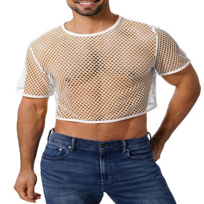 FYMNSI Men's Fishnet Top Mesh Tee Shirt Short Sleeve Round Neck Crop Top Party Club Rave Outfits for Men Muscle Workout Tank Tops See Through Undershirt Gym Training Sports Half Shirt Tops White L