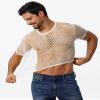 FYMNSI Men's Fishnet Top Mesh Tee Shirt Short Sleeve Round Neck Crop Top Party Club Rave Outfits for Men Muscle Workout Tank Tops See Through Undershirt Gym Training Sports Half Shirt Tops White XXL view 3