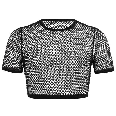 FYMNSI Men's Fishnet Top Mesh Tee Shirt Short Sleeve Round Neck Crop Top Party Club Rave Outfits for Men Muscle Workout Tank Tops See Through Undershirt Gym Training Sports Half Shirt Tops Black XXL