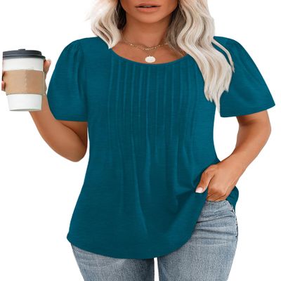 Womens T Shirts Dressy Casual Short Sleeve Cute Summer Tops for Teachers Pleated Front Vacation Outfits Women Blouses Teal L