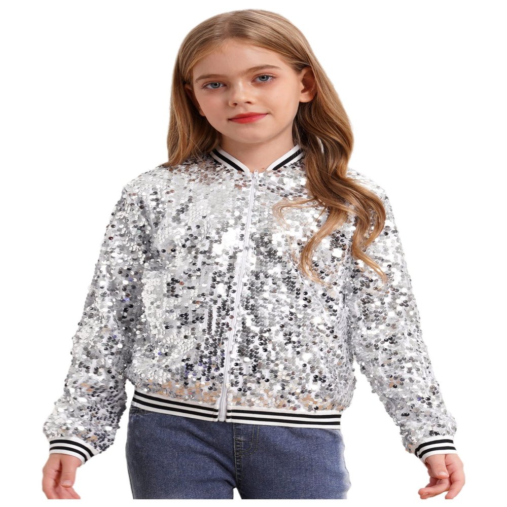 Jelory Kids Girls Sparkly Sequin Baseball Jacket Coat Long Sleeve Zip Up Outerwear Dancing Party Bomber Jackets Silver 16 Years