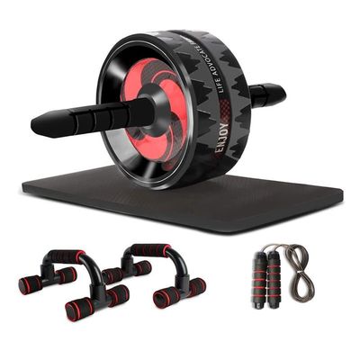 3 in 1 Ab Roller&Jump Rope&Push Up Stand Bar Abdominal Wheel with Mat for Arm Waist Leg Exercise Gym Fitness Equipment (Color : Red)
