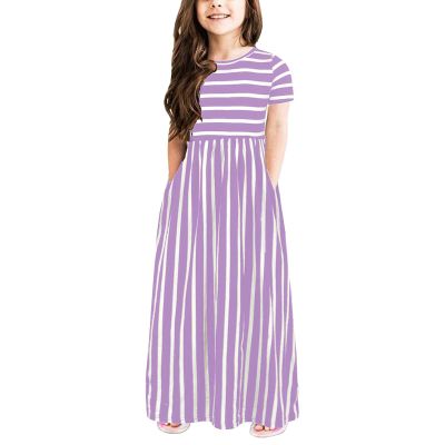 Toddler Girls Striped Dress Short Sleeve Cotton Casual Long Maxi Dresses Stripe with Pocket Sundress (Purple, 11-12Y)
