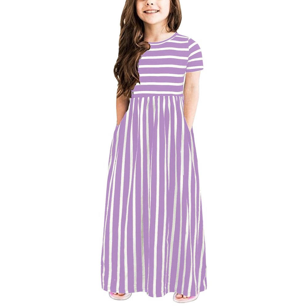Toddler Girls Striped Dress Short Sleeve Cotton Casual Long Maxi Dresses Stripe with Pocket Sundress (Purple, 11-12Y)