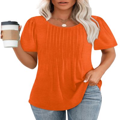 Womens Summer Tops Cute Solid Plain Short Sleeve Dressy Casual T Shirts Curved Hemline Shirts Women's Clothing Orange S