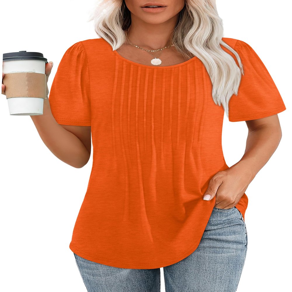 Womens Summer Tops Cute Solid Plain Short Sleeve Dressy Casual T Shirts Curved Hemline Shirts Women's Clothing Orange S
