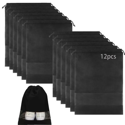 YMCCOOL 12pcs Non-woven Shoe Bags for Travel 12.6" X 17.3" Portable Shoe Bags with Clear Window, Large Drawstring Dustproof Travel Shoe Storage Bag for Men & Women, Black,XL Size