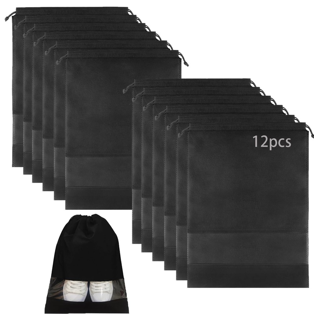 YMCCOOL 12pcs Non-woven Shoe Bags for Travel 12.6" X 17.3" Portable Shoe Bags with Clear Window, Large Drawstring Dustproof Travel Shoe Storage Bag for Men & Women, Black,XL Size