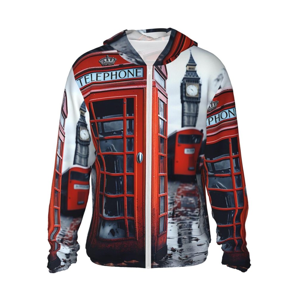UPF 50+ Full Zip England UK Retro London Telephone Sun Protection Hoodie Jacket Long Sleeve with Pocket Sun Shirt Black