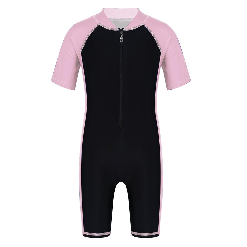 Zaldita Kids Girls Short Sleeve Zipper Front One Piece Athletic Swimsuits Surfing Wetsuits Swimwear Pink&Black 6 Years