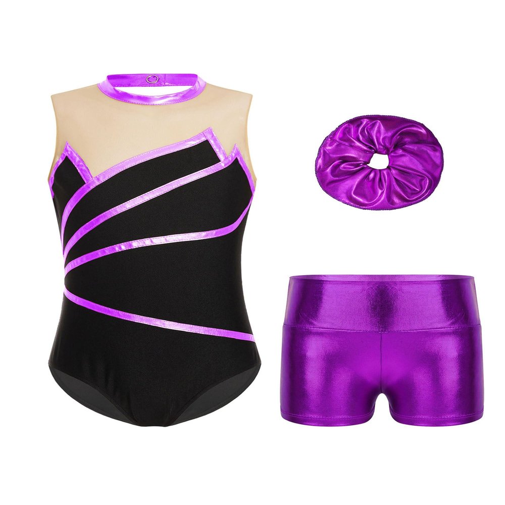 Fldy Kids Girls Gymnastics Leotards Set Sleeveless Dancing Athletic Biketard Unitard with Workout Shorts Tumbling Outfit A&Purple 8