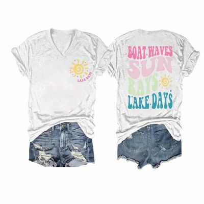 Boat Waves Sun Rays Lake Days Cute Summer Vacation Mom Sweatshirt Boat Waves Sun Rays Lake Days Shirt Day Drinking Shirt Women Fun Loose T-Shirt Short Sleeve Cute Shirts White