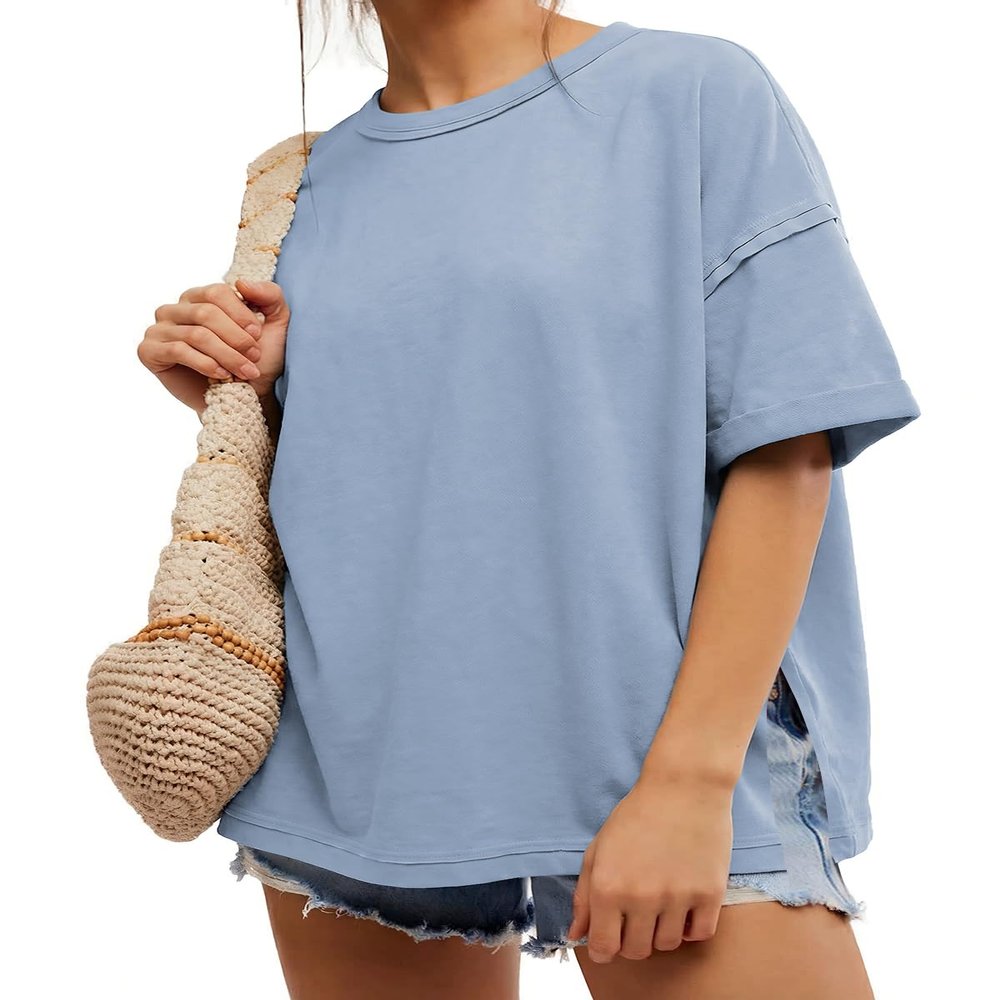 EXLURA Womens Summer Oversized T Shirts 2026 Casual Short Sleeve Loose Maternity Tops Crewneck Tunic Plus Gym Workout Top Grey Blue