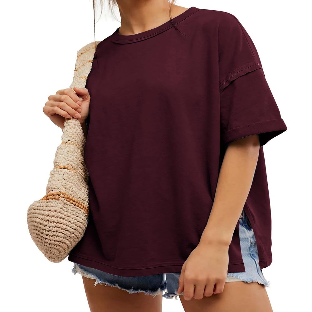 EXLURA Womens Summer Oversized T Shirts 2026 Casual Short Sleeve Loose Maternity Tops Crewneck Tunic Plus Gym Workout Top Wine Red