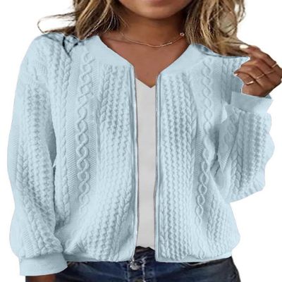 WROLEM Women's Zip Up Cardigan Sweater Cable Hoodies Long Sleeve Jacket Outfits Crewneck Casual Coat Light Blue