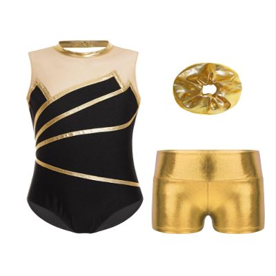 Fldy Kids Girls Gymnastics Leotards Set Sleeveless Dancing Athletic Biketard Unitard with Workout Shorts Tumbling Outfit A&Gold 12