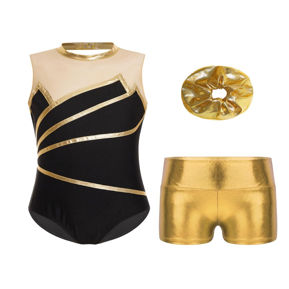 Fldy Kids Girls Gymnastics Leotards Set Sleeveless Dancing Athletic Biketard Unitard with Workout Shorts Tumbling Outfit A&Gold 12