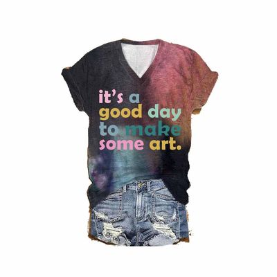 MOGUI It's A Good Day to Make Some Art T-Shirt It's A Good Day to Make Some Art Shirt Art Tshirts for Women Teacher Gift Fun Graphic Tee Casual Vintage Tshirts Funny Vneck, 5X-Large, Tiedye