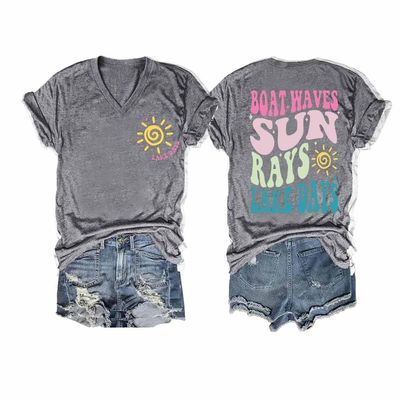 MOGUI Boat Waves Sun Rays Lake Days T-Shirt Boat Waves Sun Rays Lake Days Cute Summer Vacation Mom Sweatshirt It's A Good Day to Drink On A Boat Shirt Fun Graphic Tee Casual Vintage Tshirt Grey