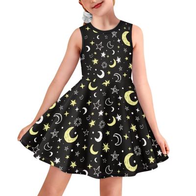 OZELANSAY Graphic Clothes Cute Star and Moon Print Swing Twirly Dresses Girls A-Line Skater Funny Black Dress 11T 12T School Party Sleeveless Kawaii Clothes Comfy Summer Dress