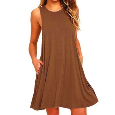 Women Casual Swing T Shirt Dresses Beach Cover Up Loose Dress Tank Sleeveless Knee Length Sun Dresses with Pocket (3X-Large,Brown)