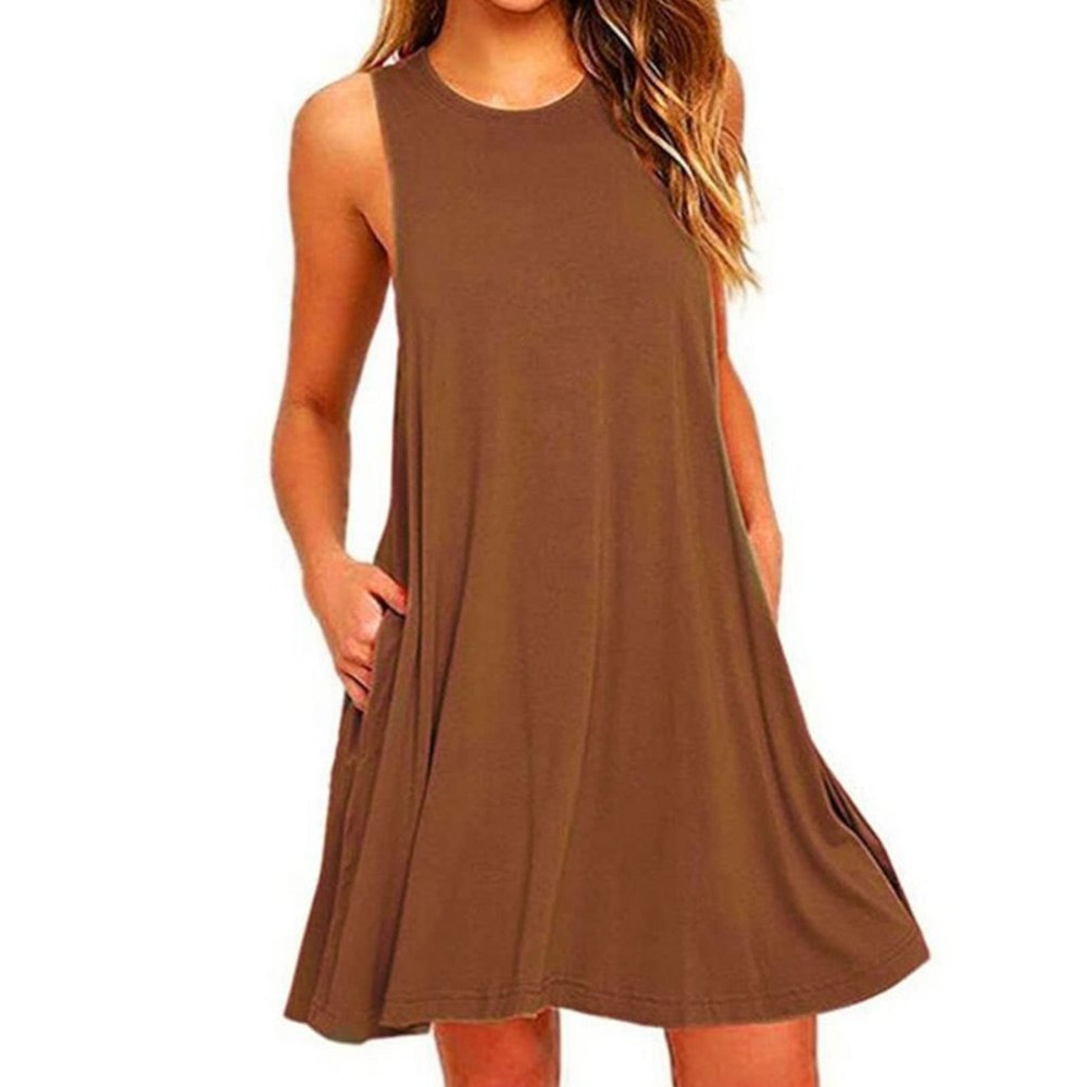Women Casual Swing T Shirt Dresses Beach Cover Up Loose Dress Tank Sleeveless Knee Length Sun Dresses with Pocket (3X-Large,Brown)