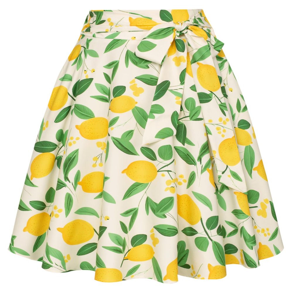Belle Poque Floral Skirts for Women High Waisted Summer Midi Skirt Vintage A Line Skirt White Lemon Flowers, S