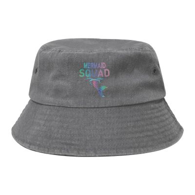 ZRCAIFU Mermaids Squad Washed Denim Bucket Hat Washed Denim Fishing Cap Cotton Vintage Outdoor Sunhat