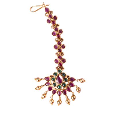 TARINIKA Antique Gold Maang Tikka Indian Headpiece Jewelry for Wedding & Festive Occasions | CZ Stone & Brass Alloy | Traditional Hair Accessories for Women (Floral Bloom Antique(Red Green))