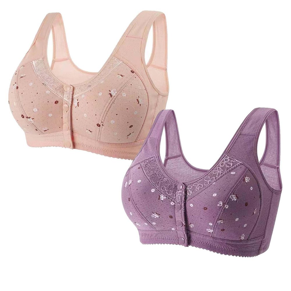2 PCS Daisy Bras for Seniors Front Snap Closure Bras Cotton Convenient Sleep Bra Soft Comfy Easy Close Sports Bras