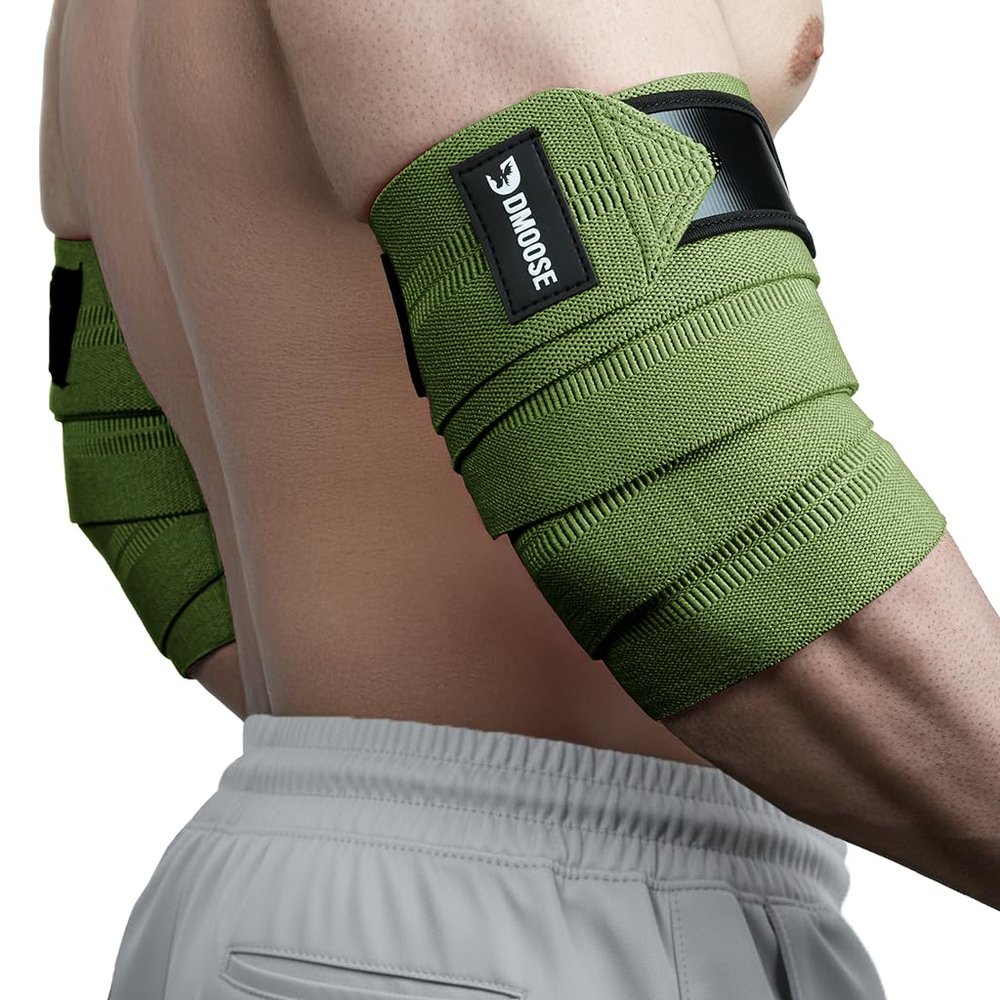 DMoose Fitness Elbow Wraps for Weightlifting (Pair) - 40'' Adjustable Elbow Strap for Gym Workout & Bench Press, Compression Elbow Wraps for Tendonitis & Joint Support, Elbow Sleeve (Military Green)