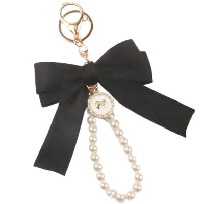 QUROXO Pink Bow Pearl Chain Keychain, Cute Bowknot Key Ring, Keychains Wristlet for Women Bag Pendant (Black)