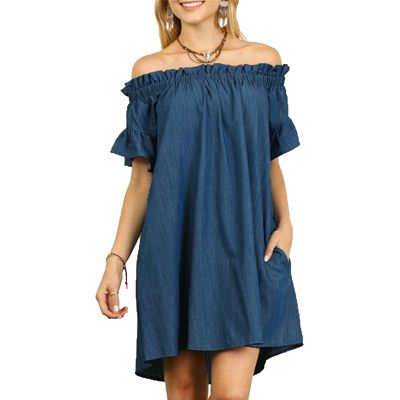 Women's Sexy Denim Shoulder Ruffle Dress One Piece Sleeveless Tube Top Dress Club Party Mini Skirt with Pockets (Small,Dark Blue)