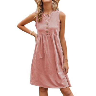 Women Casual Swing T Shirt Dresses Beach Cover Up Loose Dress Pleated Knee Length Sleeveless Tank Sundresses (Large,Pink)