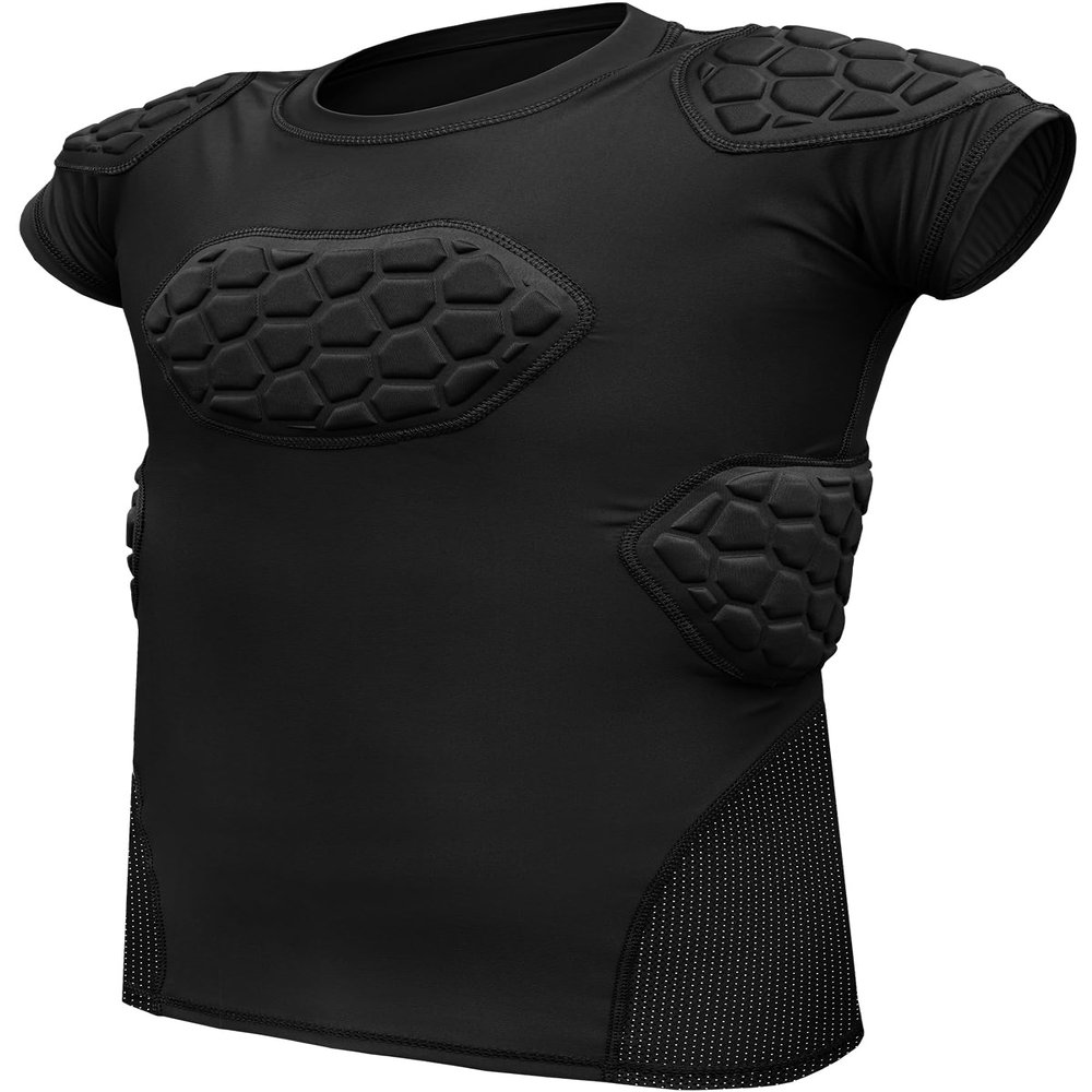 Exxact Sports Elite 6-Pad Adult Padded Football Shirt with Chest, Shoulder, Ribs & Spine Protection, Mens Football Padded Compression Shirt (Black, Adult Medium)