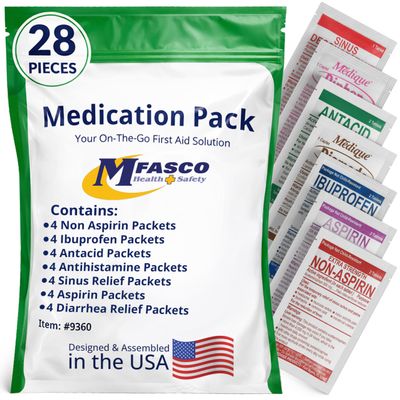 MFASCO - 7 in 1 - Travel Size Medicine Kit - TSA Approved | 28 First Aid Emergency OTC Medicine Packets for Cruise & International Travel | Compact Med Refill for Traveling & Office Assembled in USA