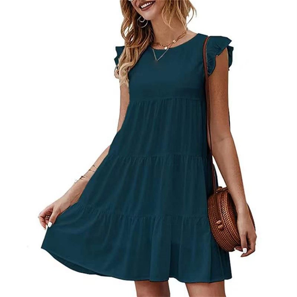 Women's Sleeveless Ruffle Sleeve Dress Casual Round Neck Elegant Dress Loose Flowy Swing Pleated Maxi Cocktail Dress (Large,Dark Blue 2)