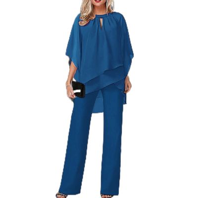 QWENTMTNTY Pant Suits for Women Dressy Plus Size Casual Summer Chiffon 3/4 Sleeve Blouse Wide Leg Pants Sets Wedding Business Pantsuits Blue