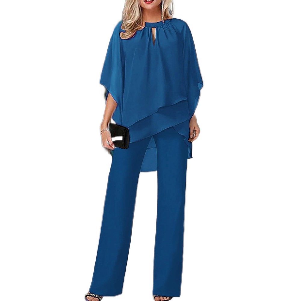 QWENTMTNTY Pant Suits for Women Dressy Plus Size Casual Summer Chiffon 3/4 Sleeve Blouse Wide Leg Pants Sets Wedding Business Pantsuits Blue