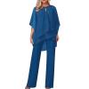 QWENTMTNTY Pant Suits for Women Dressy Plus Size Casual Summer Chiffon 3/4 Sleeve Blouse Wide Leg Pants Sets Wedding Business Pantsuits Blue view 2