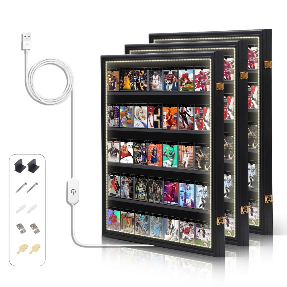 Nice C Baseball Card Display Case, Sports Card Holder, with LED Light Graded Sports Card Display Case, Trading Card Display Case, 98% UV Protection, 35 Cards, Lockable (LED Vertical 3 Pack)