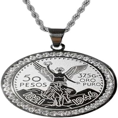 Shop-iGold Mexican 50 Pesos Coin Centenario Pendant Necklace Men & Women 14k White Gold Finish, Iced Out Moneda Medallion, 925 Italy Stainless Steel, 2.5mm Rope Chain (PENDANT ONLY)