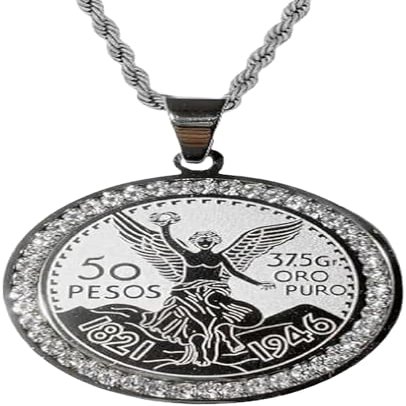 Shop-iGold Mexican 50 Pesos Coin Centenario Pendant Necklace Men & Women 14k White Gold Finish, Iced Out Moneda Medallion, 925 Italy Stainless Steel, 2.5mm Rope Chain (PENDANT ONLY)