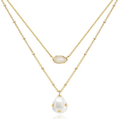 OZEL - Layered Gold Necklaces for Women - Crystal Colorful Delicate Cutting Pendant Necklace - 18K Gold Plated - Birthday Gifts (Made in Korea) (1M1234-3_white opal)