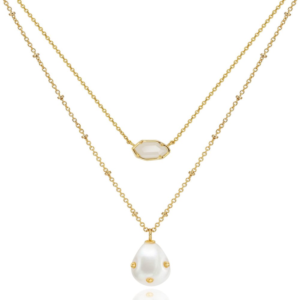 OZEL - Layered Gold Necklaces for Women - Crystal Colorful Delicate Cutting Pendant Necklace - 18K Gold Plated - Birthday Gifts (Made in Korea) (1M1234-3_white opal)