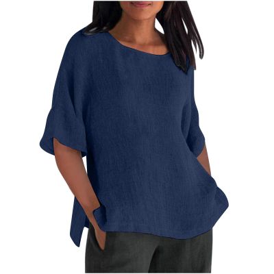 2024 Womens 3/4 Sleeve Cotton Linen Shirts Summer Casual Tops Dressy Blouses Ladies Textured T-Shirt Fashion Clothes