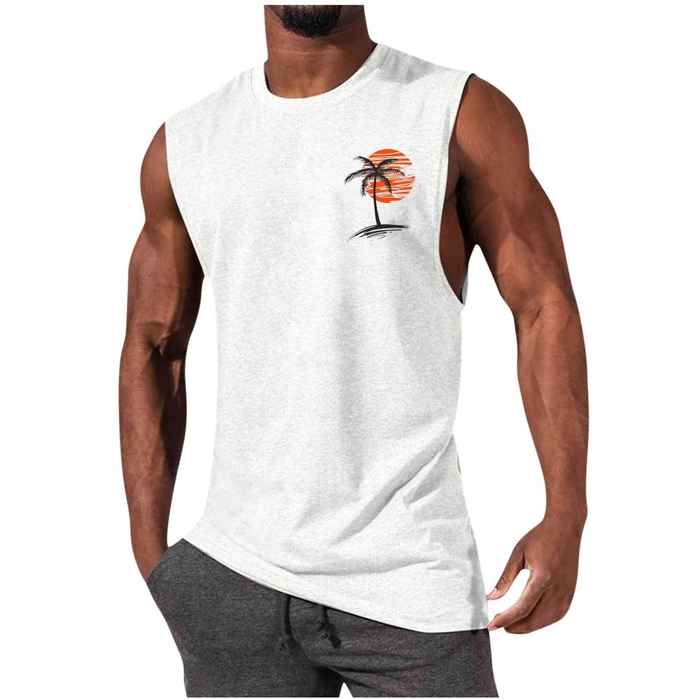 NineFit Basics Beach Tank Top Men Hawaiian Palm Tree Sleeveless Shirt Pullover Crewneck Muscle T Shirts Workout Fitness Classic Tanks Tee, X-Large, 01-white